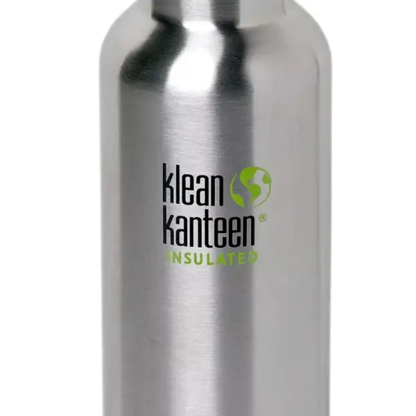 Roestvrijstalen Klean Kanteen Insulated drinkfles met groen logo.